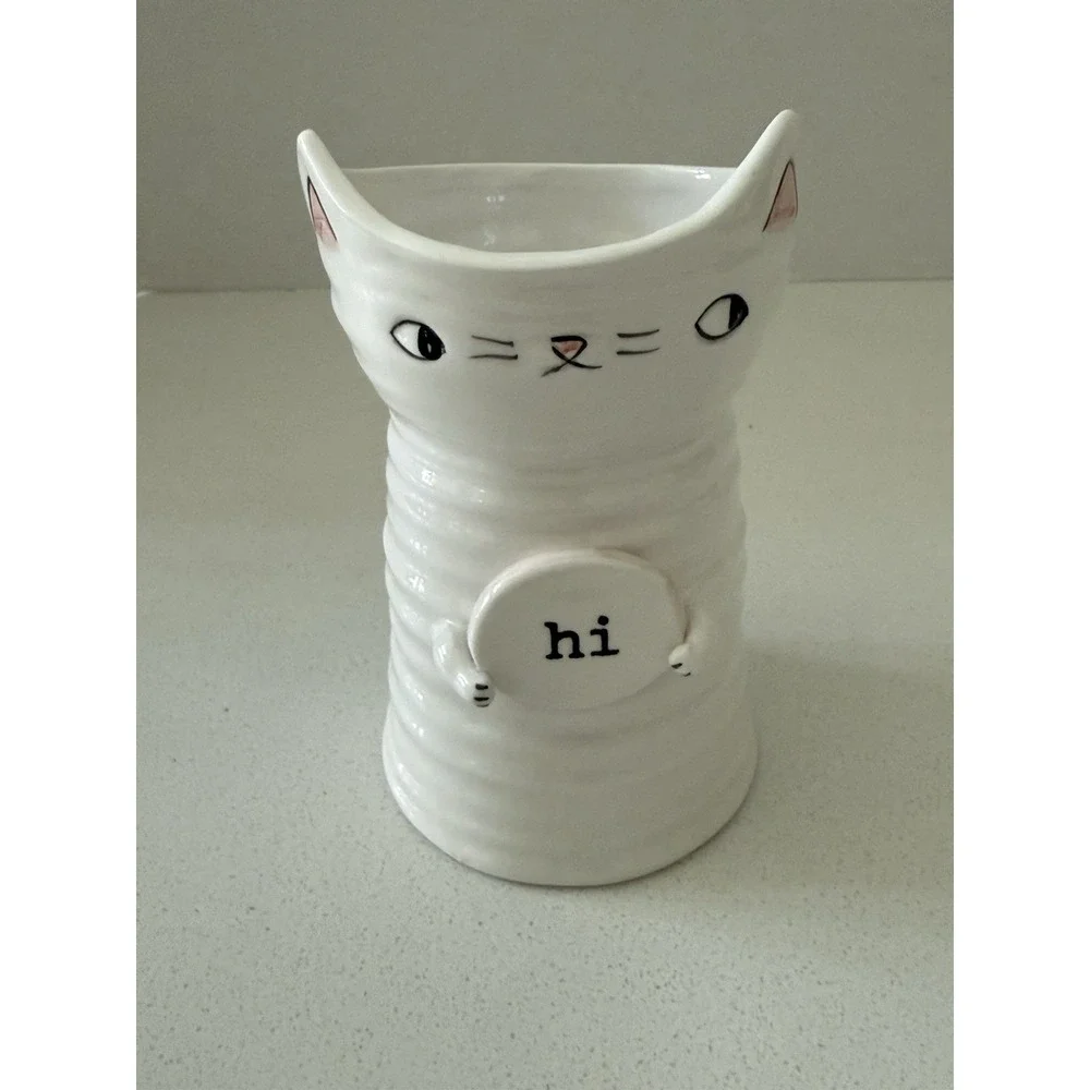 Cat White Planter Vase Ceramic Holding Hi Sign NEW‎ 6
